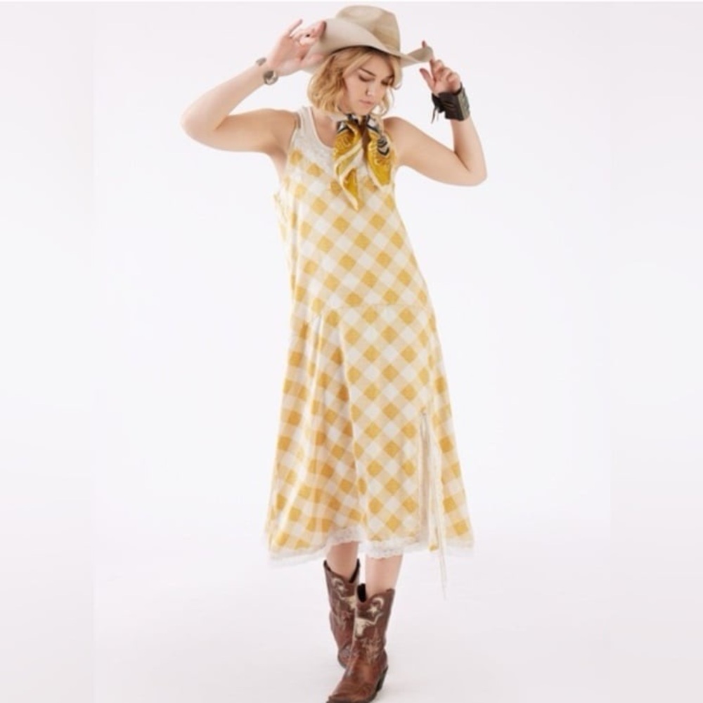 Double D Ranch Yellow Checkered Lace Dress Sz S - Picture 4 of 4